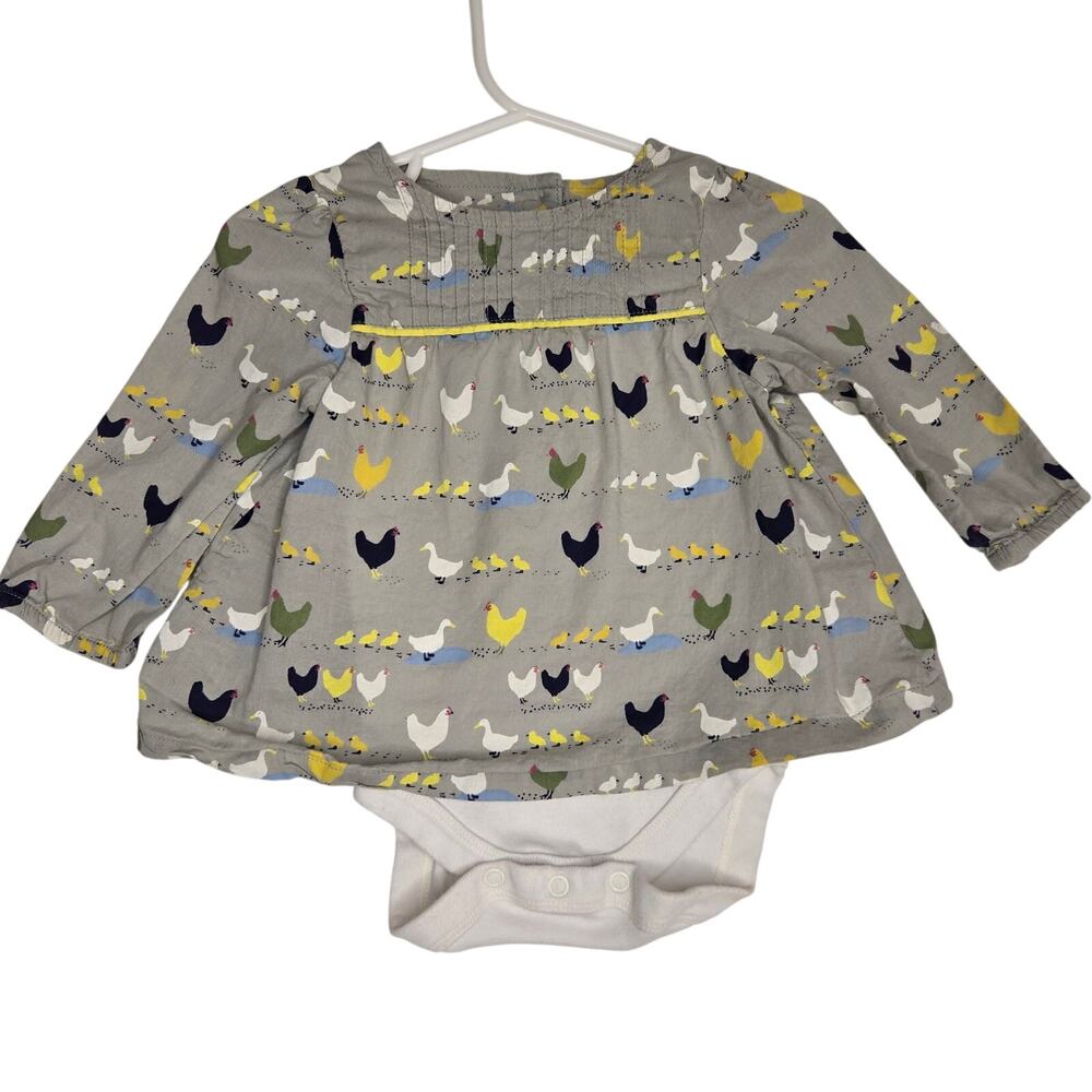 Baby Boden Chicken Duck Print Dress Farm Novelty Cotton Gray Girl 3-6 Month